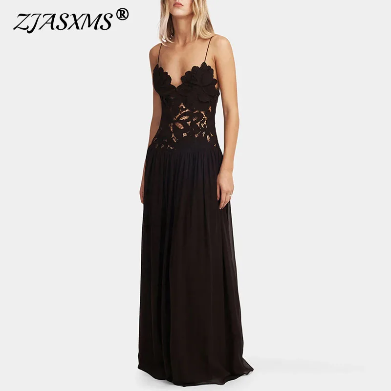 Verão rendas bordado plissado a linha vestidos vestido sexy sem costas estilingue oco vestido de baile novo jacquard crochê sólido vestido longo