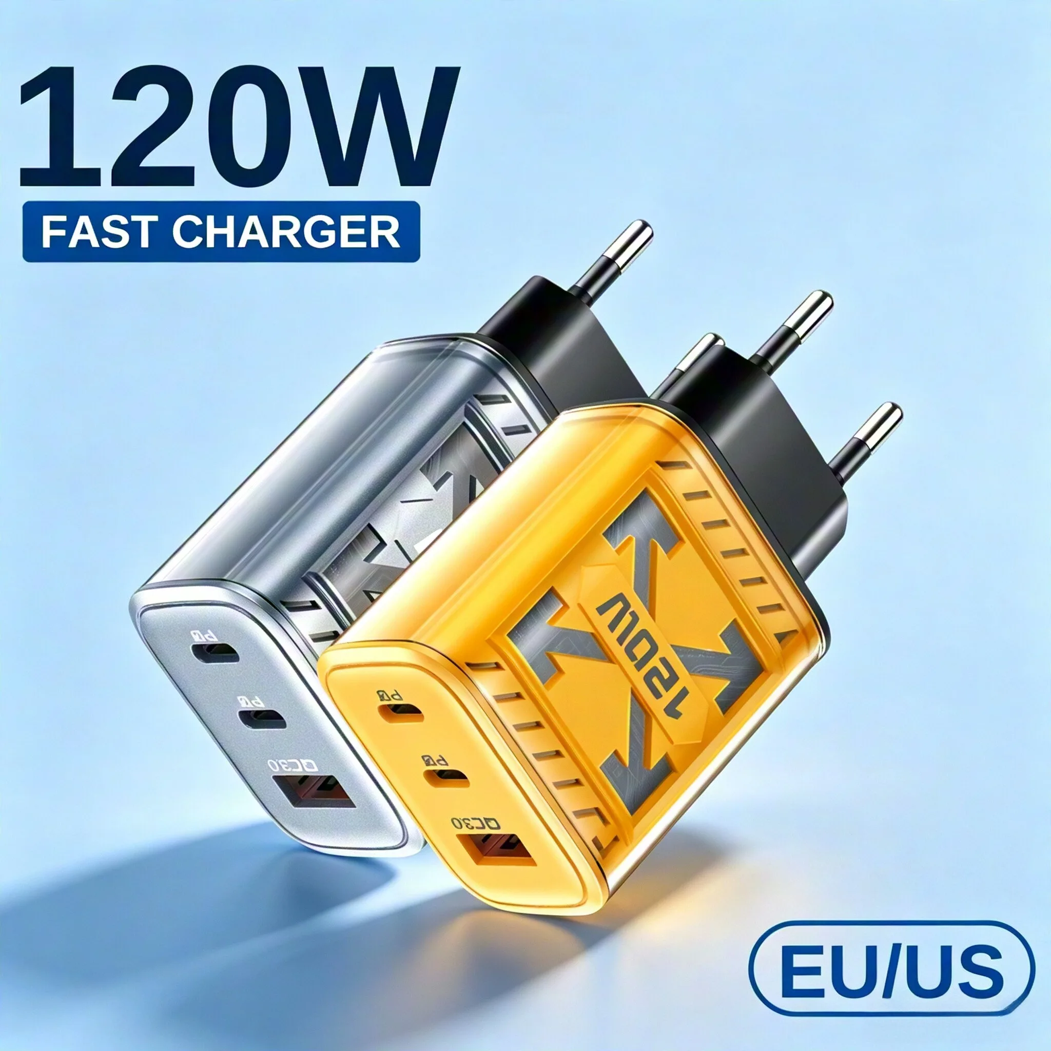 Carregador rápido com múltiplas portas PD 120W Tipo C USB para celular, adaptador para iPhone, Samsung, Huawei, Xiaomi, com carregamento rápido.