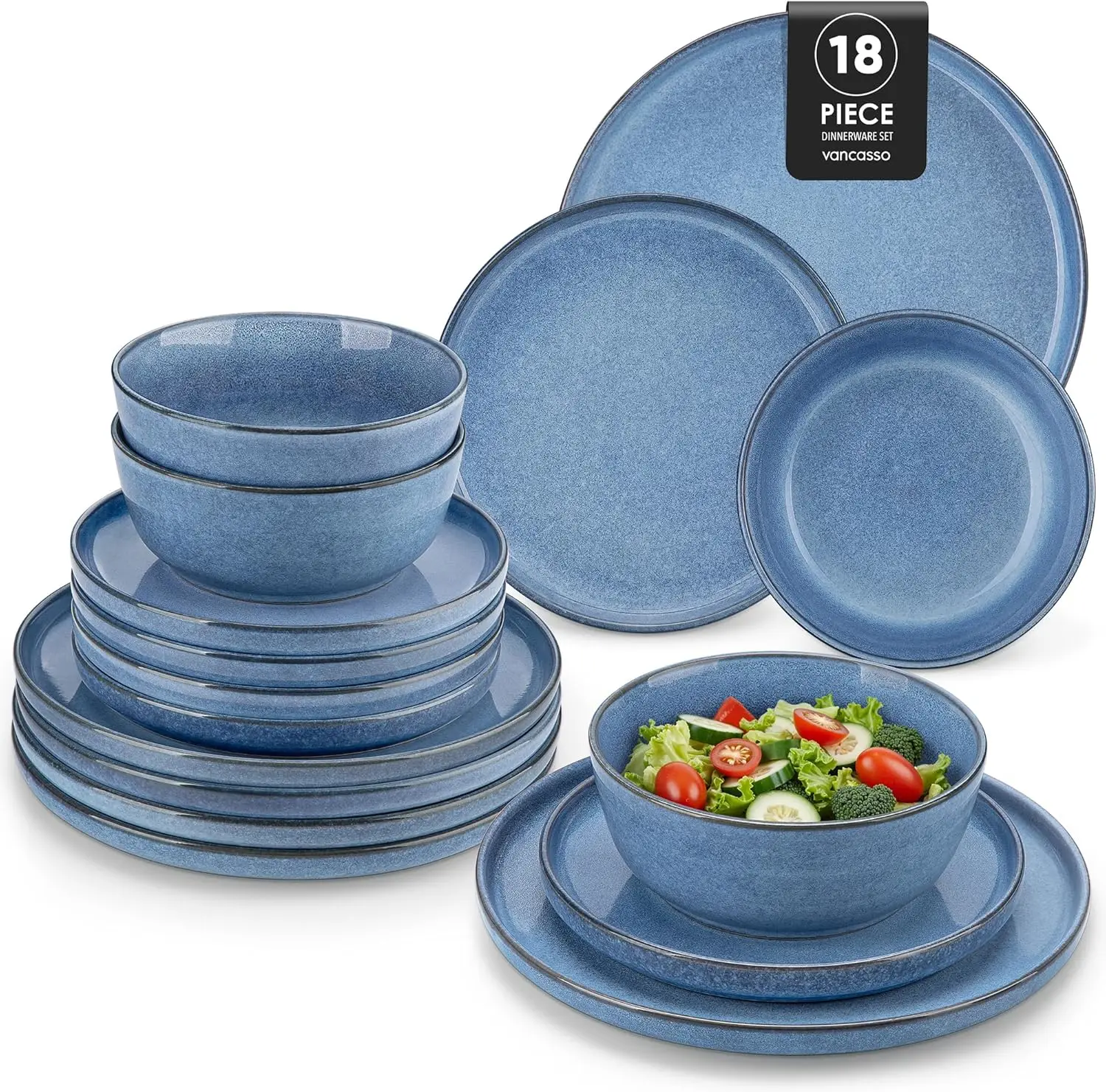 

18 Pieces Plates and Bowls Set, Blue Dinnerware Sets, Reactive Glaze Dishes Set for 6, Ceramic Dishware Sets Kitchen Dinner Set,