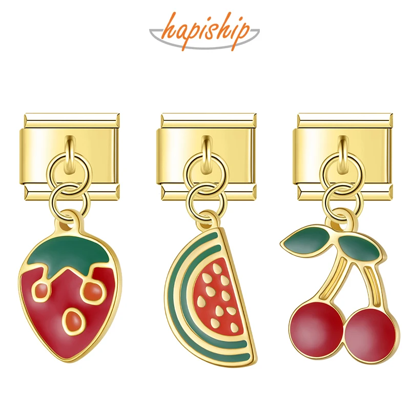 Hapiship 2025 New Fruits Cherries Watermelons Strawberries Italian Charms Fit 9mm Stainless Steel Bracelet Jewelry DJ1873