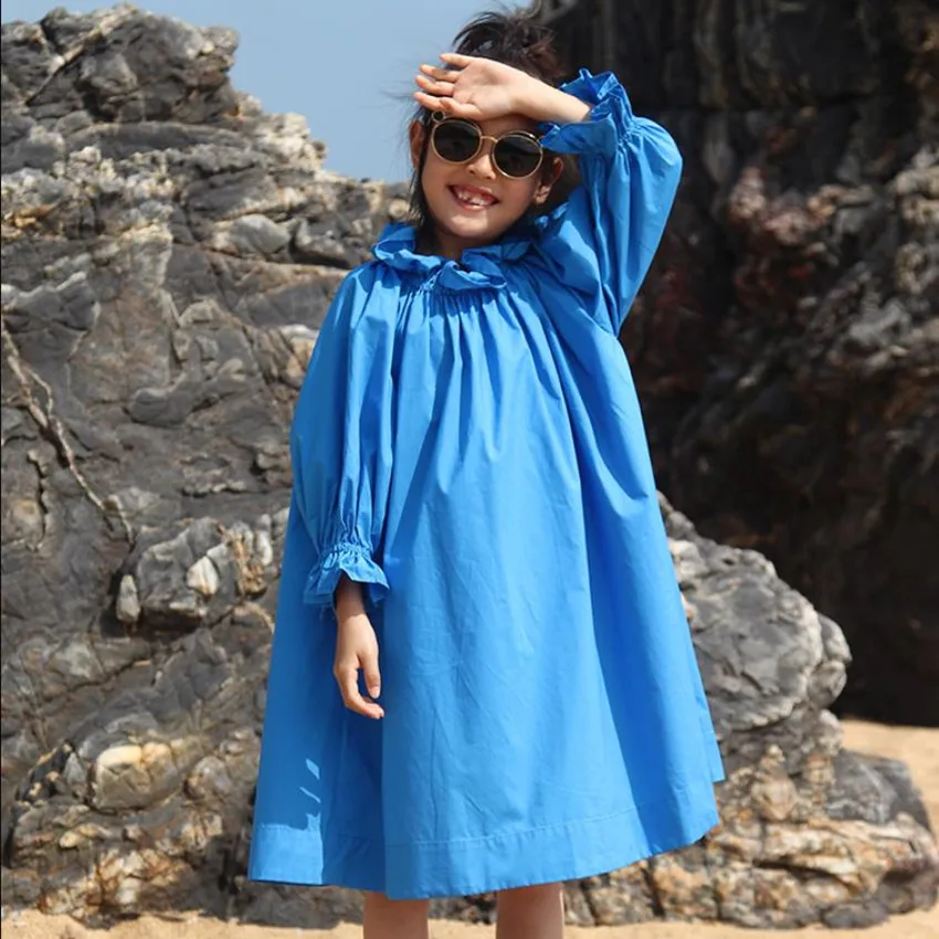 

Baby Girl Spring New Long Sleeve Dress Children Ruffles Solid Dress High Quality 100% Cotton Dress Teenage Dress 4-14Y Wz626