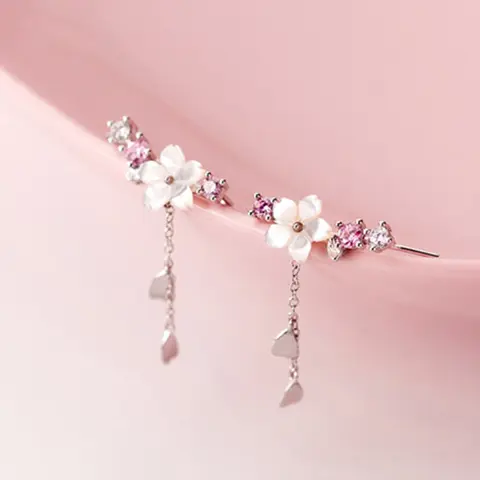 Design Sense Sweet Cherry Blossoms Flower Tassel Earrings for Women Trendy Shiny Pink Zircon Earrings Banquet Wedding Jewelry