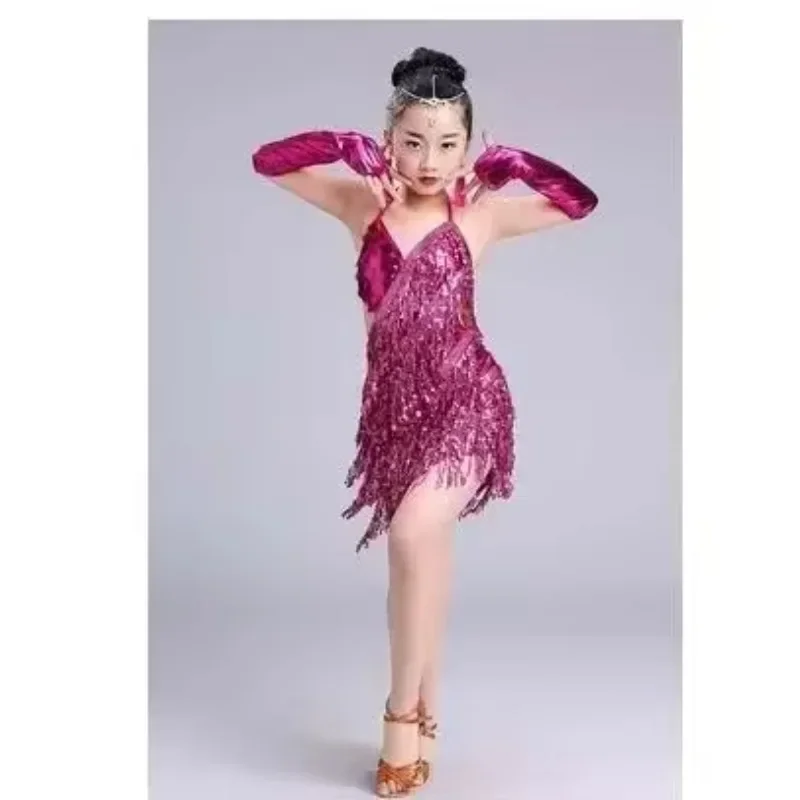 

20251pcs/lot children sequin latin dress kid sexy halter tassel latin dress girls ballroom dancing dress 4colors