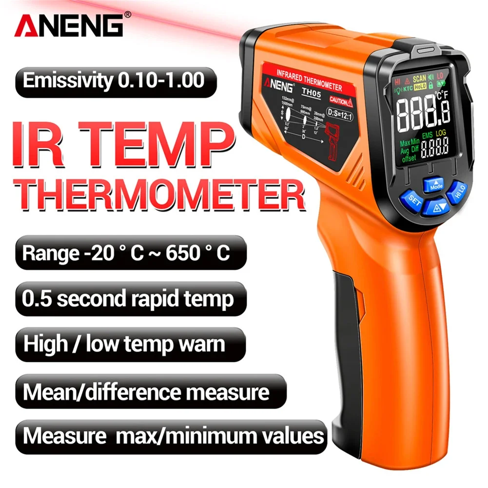 ANENG TH05 Heating Pipeline Temperature Tester HD Color VA Screen Laser Surface Temp Reader 0.1~1.00 Adjustable for Cooking BBQ