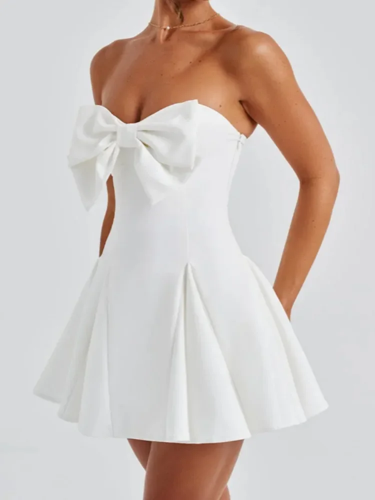 Bow Strapless Backless Sexy Mini Dress For Women Robe Fashion Solid Off-shoulder Sleeveless A-line Club Dress Vestido