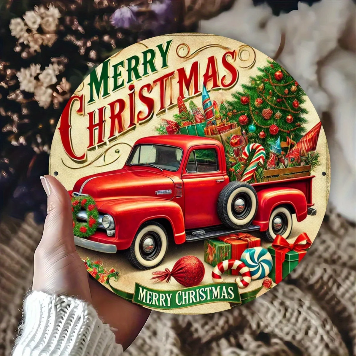 Rustic Christmas Pickup Design, 8.0X8.0inch Round Metal Tin Sign, Holiday Wall Art for Home, Bar, Cafe, Club, Kitchen Decor, Art