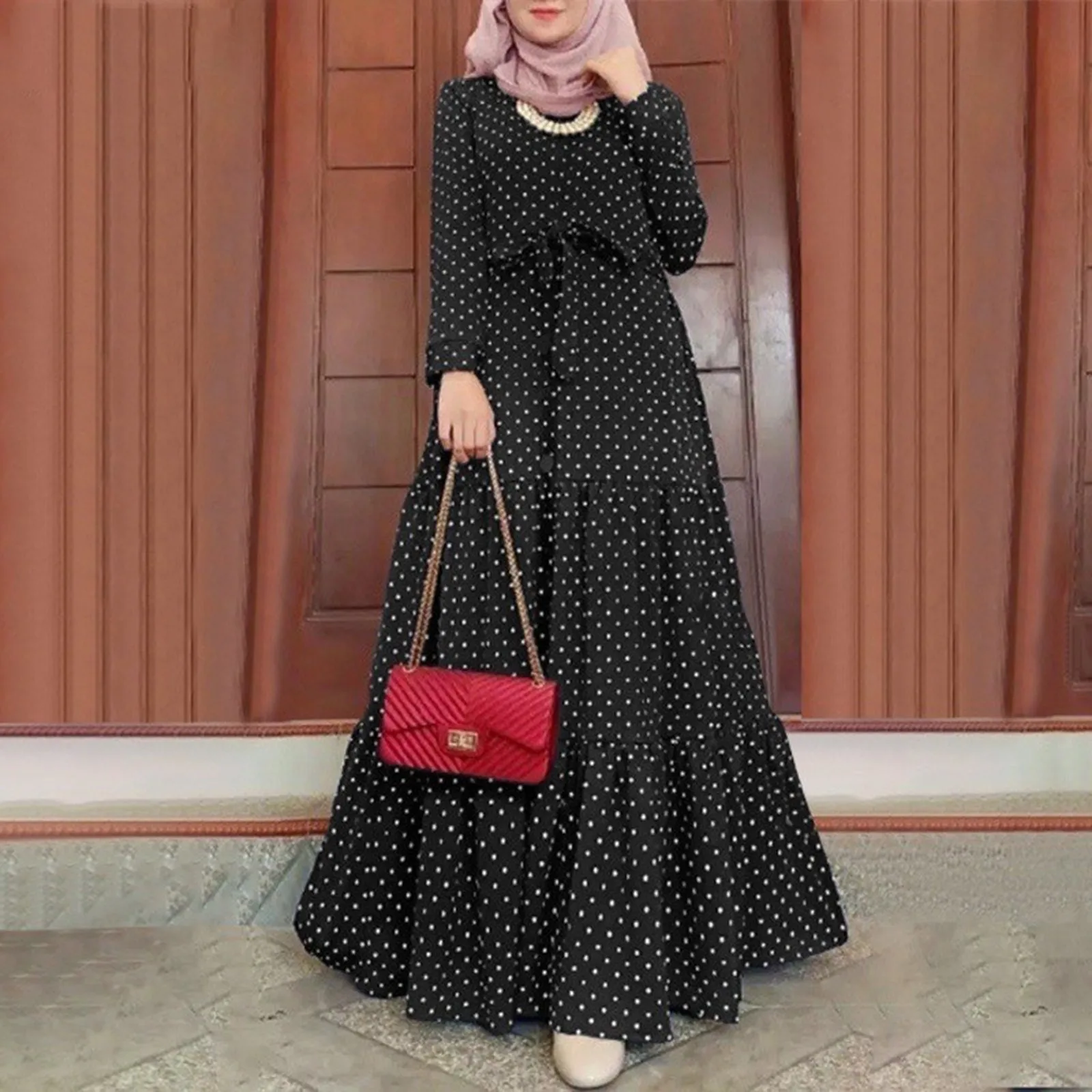 Women\'s Vintage Dress Femme Robe Maxi Dress Mulsim Dubai Turkey Hijab Abaya Sundress Polka Dot Printed Islamic Ramadan