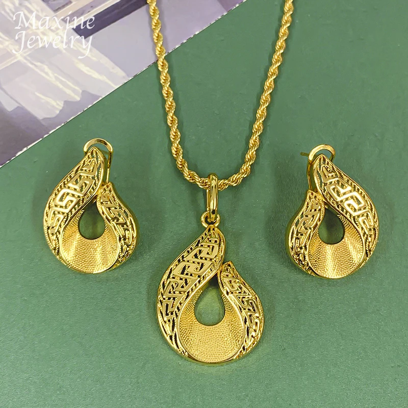 Spezielles Afrikanisches 18K Vergoldetes Kupfer-Schmuckset für Frauen Ohrringe Anhänger mit Kettenhalskette Braut Hochzeit Party Geschenke – Detail 3
