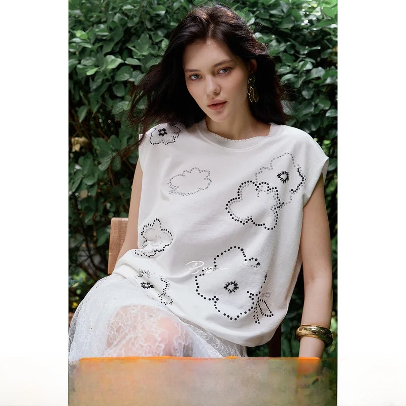 Summer Loose Sleeveless Pure Cotton round Neck Drawstring Beaded Versatile Small Shirt Commute Style Korean Loose Fit Women's...
