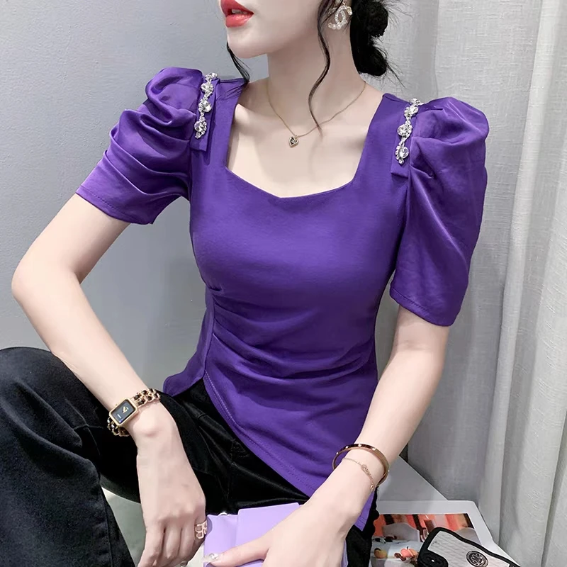 2023 Summer New Puff Short Sleeved Shiny Diamonds Casual T-shirt Women Korean Fashion Temperament Square Neck Female Tees Tops