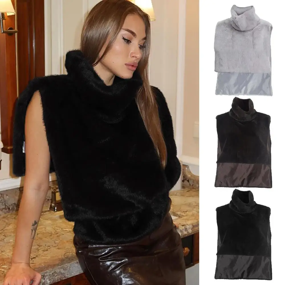 

Fur Tank Tops Crop Top Sable Vest Jacket Coat Sleeveless Autumn Winter Faux Fur Turtleneck Fashion Solid Color Winter Women Vest
