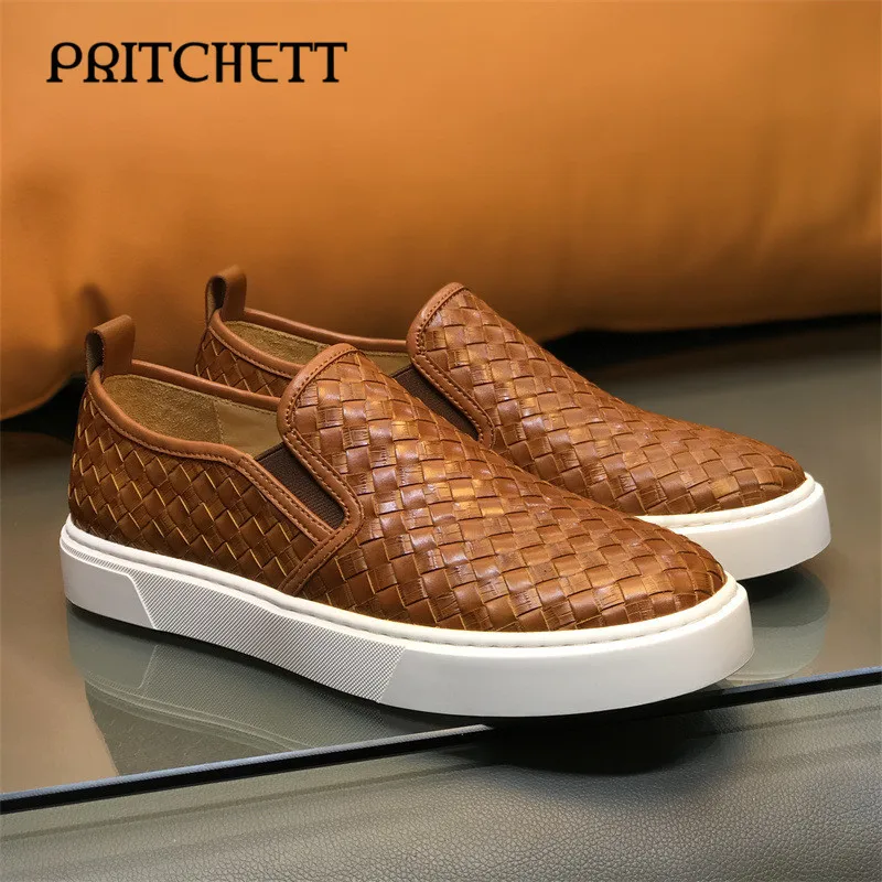 Hand-Woven Brown Sneakers Genuine Leather Thick-Soled Casual Loafers One-Step Trendy and Comfortable Men's Shoes