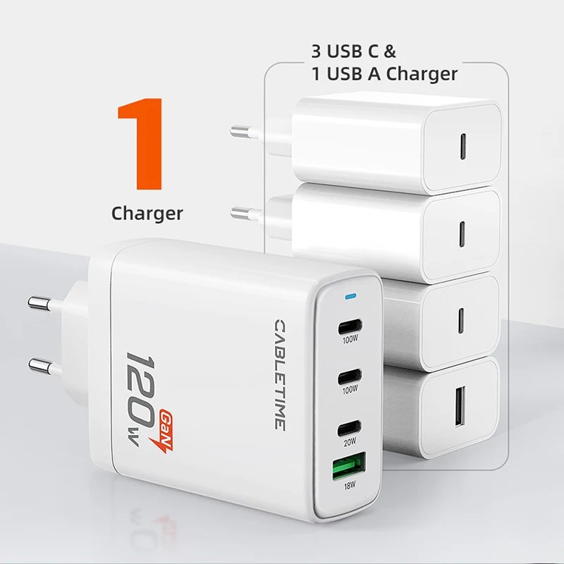 CABLETIME GaN Charger 120W Max 4 IN 1 Fast Charge 4 Port USB GaN Wall Charger European for Phone Laptop Apple MacBook Dell