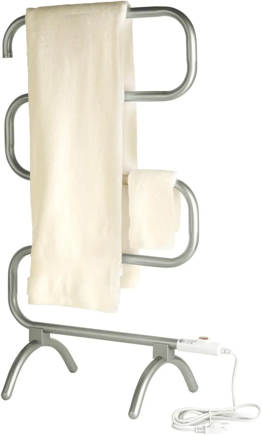 Free-Standing or Wall Mounted Towel Warmer Rack for Drying Towels & Garments 37.5-Inch Nickel Finish Frame W/ 4 Bars - Model HCS