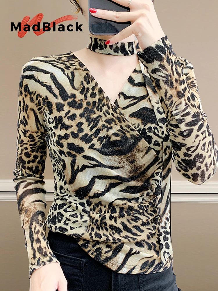 

MadBlack-Women European T-Shirt, Sexy V Neck Leopard Print, Streetwear Long Sleeve Slim Mesh S-3XL Tee, 2025 Autumn New T58806CC