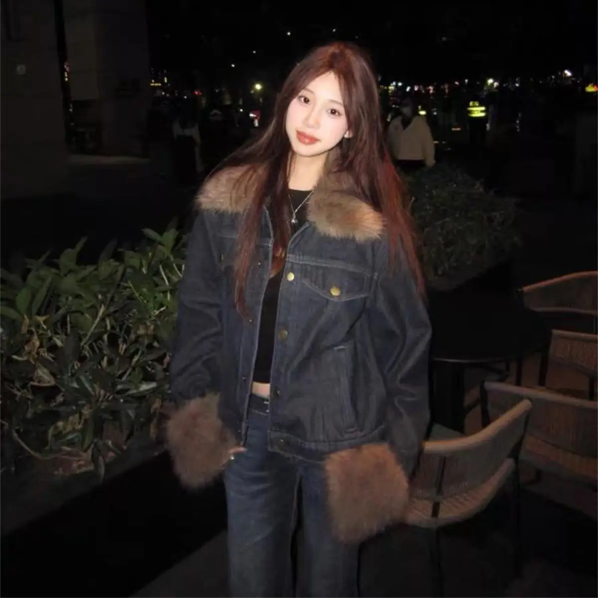 

Denim Coats Long Fur Plush Womens Fall Boxy Fit Sweet Cool Girl Style Urban Office Anti-Wrinkle Adjustable Buttoned Raglan Daily