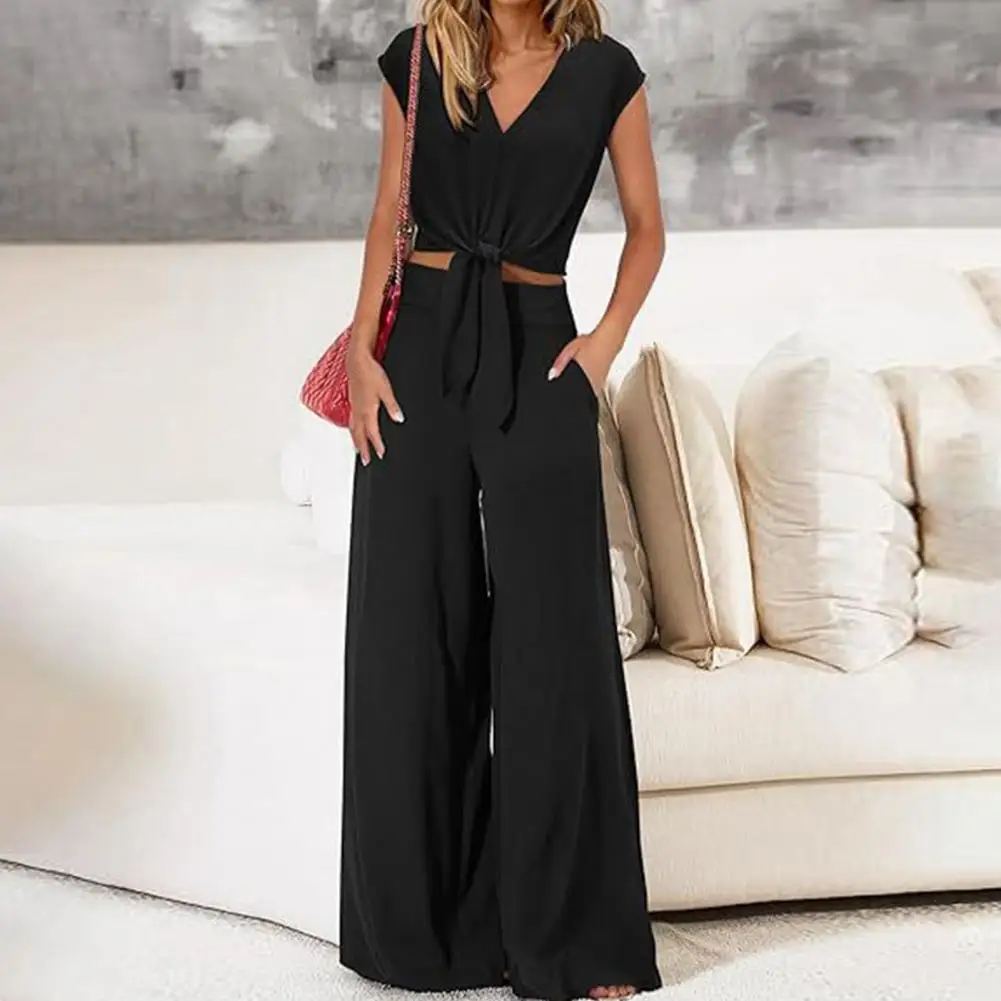 Elastic-waisted Wide-leg Trousers Women's Lace-up Knot Top Wide Leg Pants Set for Ol Commute V Neck High Waist Solid Color