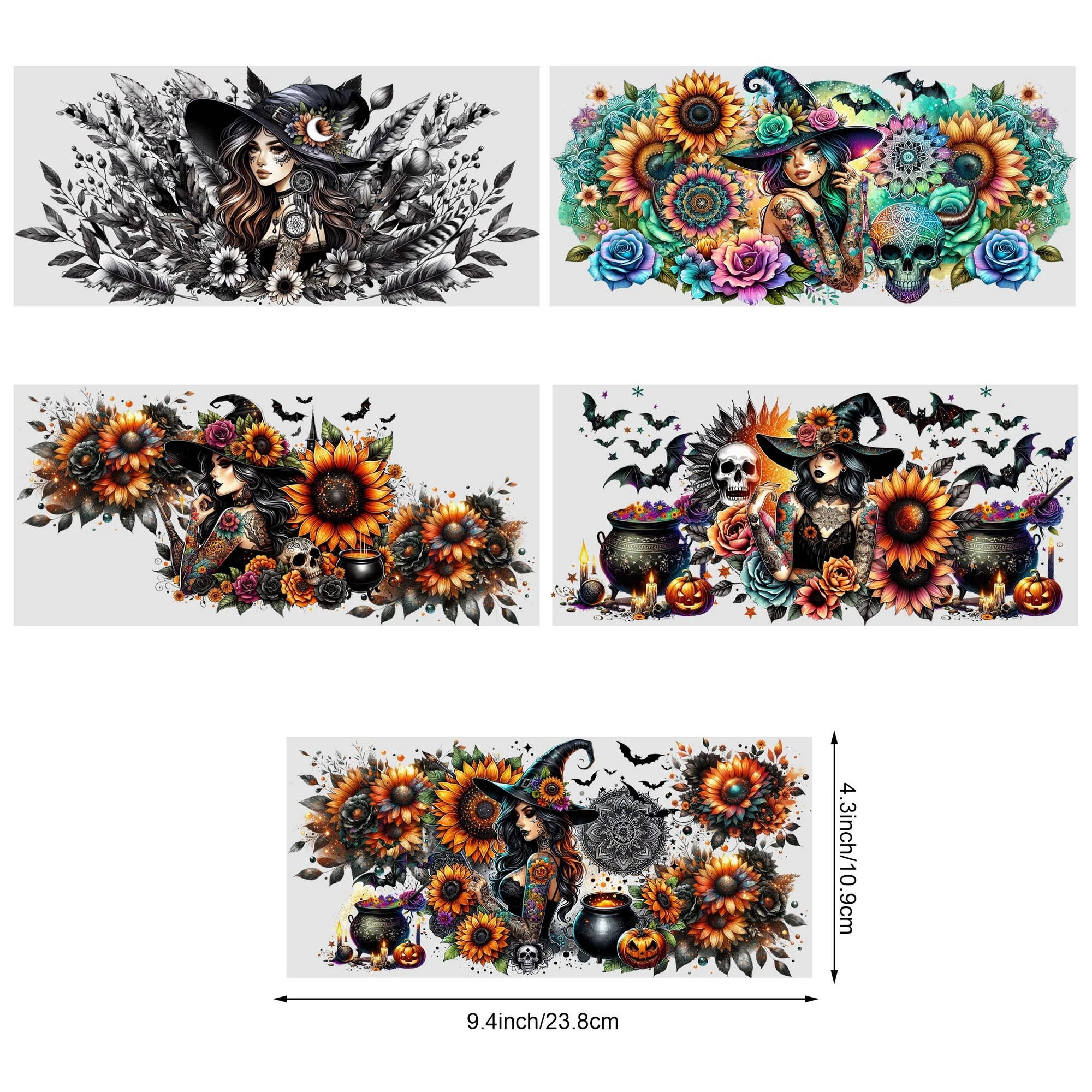 5 Sheets Halloween Witch UV DTF Glass Cup Wrap Transfer Stickers, Waterproof Wipe Off Transfer Stickers for 16oz Glass, Cups