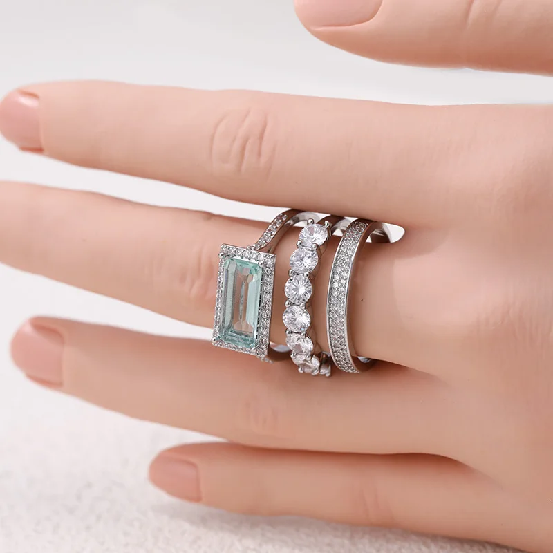 3-Piece Light Blue Cubic Zirconia Ring Set Halo Stackable Wedding Ring Retro Ring Women's Engagement Jewelry Accessories Gifts