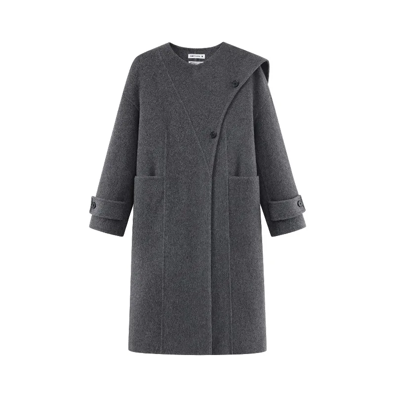 Vintage Scarf-Collar Long Coat for Women Lady Winter Loose Double-Faced Overcoat Elegant Warm Outerwear Chic Daily Commuter Wear