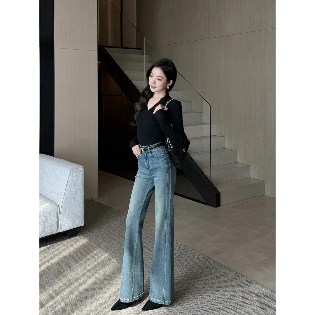 Jeans de Cintura Alta con Diseño Estilizador, Levis de Pierna Recta Micro Acampanada, Pantalones Casuales para Mujer