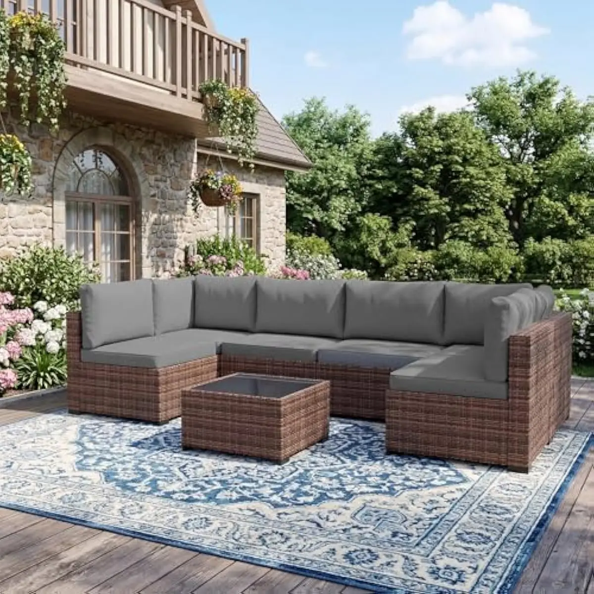 7-Piece Outdoor Wicker Sectional Set with Glass Coffee Table and Removable Cushions – Taupe-Grey PE Rattan Patio Furniture for G