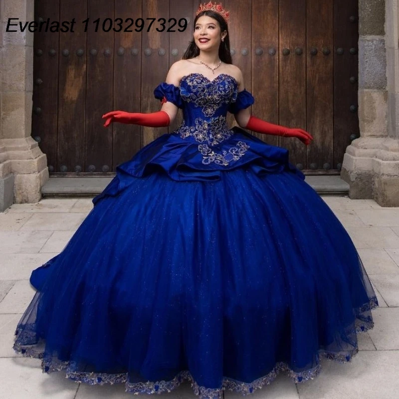 Evlast Koninklijke Blauwe Quinceanera Jurk Baljurk Kanten Applique Kralen Gelaagde Ruches Korset Sweet 16 Vestido De 15 Anos Tqd601