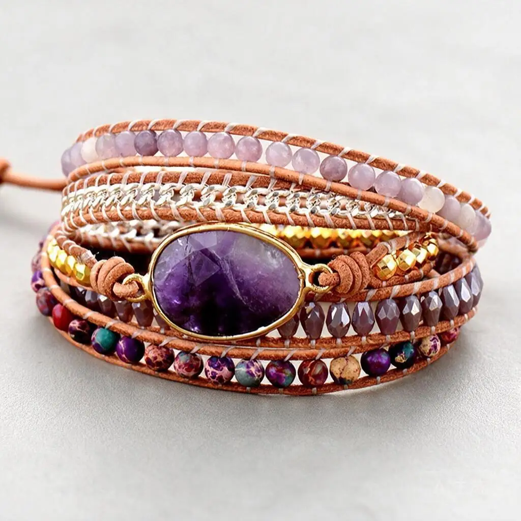 Custom Handmade Boho Natural Amethyst Multi Layer Leather Wrap Bracelet Mixed Stone Beaded Metal Accent Jewelry Gift For Women