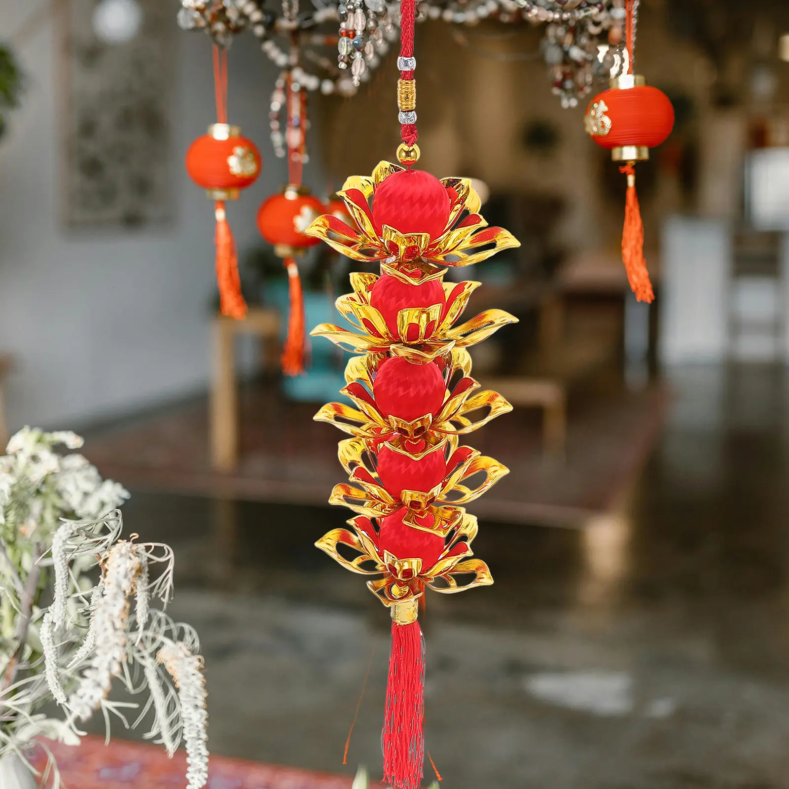

Lotus Lantern Tassel Pendant Red 5-Lotus Style Spring Festival New Year Hanging Decoration Lucky Ornament New Year Ornament