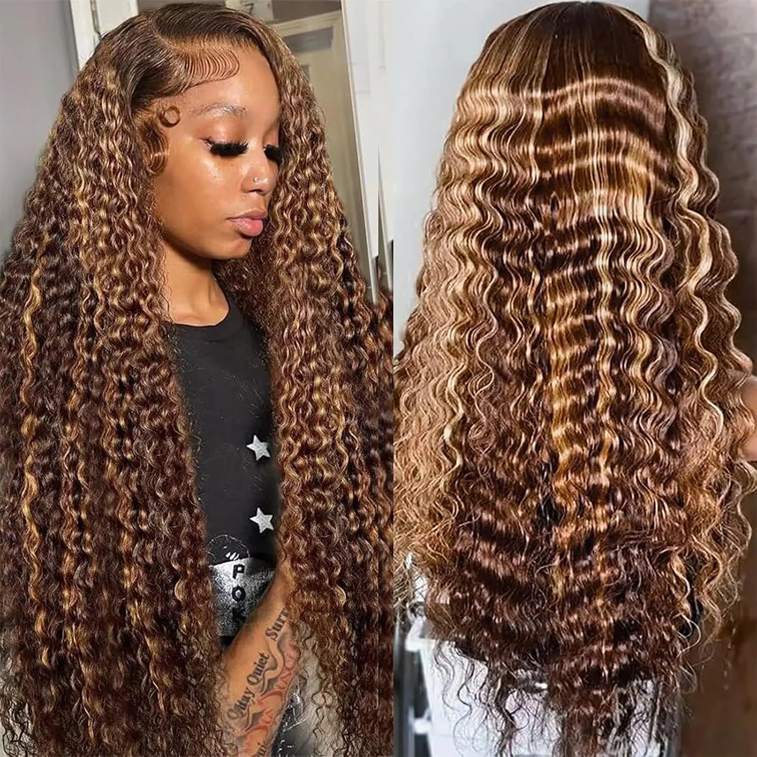 4/27 Highlight 100% Human Hair Curly 28 Inches 200 Density 4x4 13x6 HD Lace Front Wig Pre Plucked Hairline Wig For Black Ladies