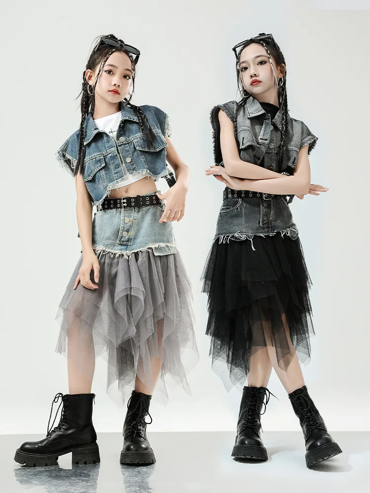 Kid Cool Hip Hop Kleidung Denim Blau Ärmellose Jacke Weste Top Straße Patchwork Mesh Rock für Mädchen Jazz Dance Kostüm Kleidung