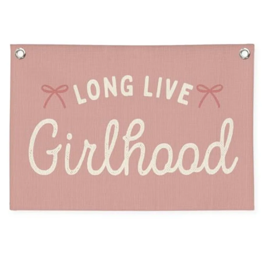 

Girls Nursery Decor, Girlhood Linen Canvas Banner, Boho Girls Room Decor Coquette Pink Bow Wall Hanging for Nursery Bedroom 30x