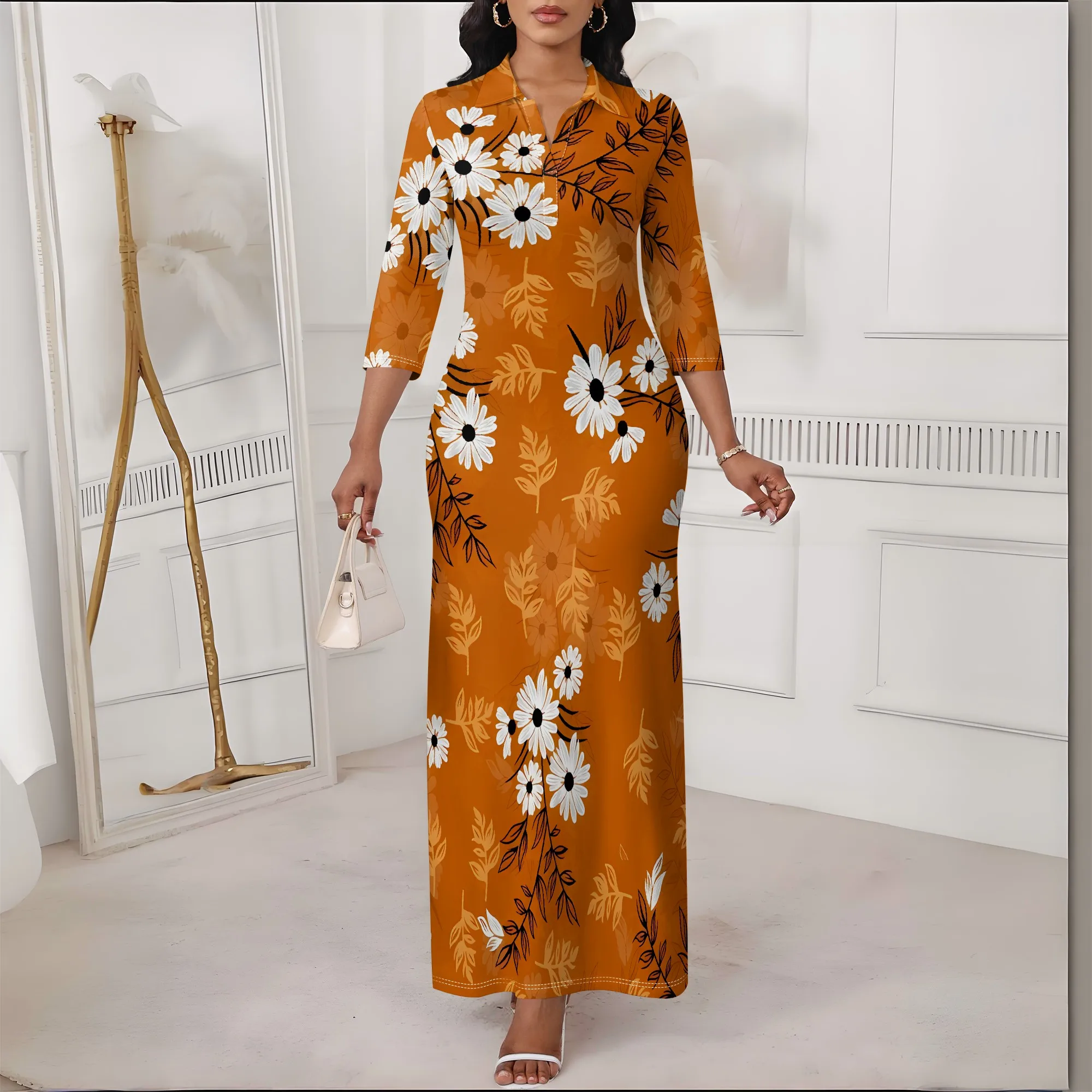 

Nupusa Daisy Print Dress for Women Standard Size Summer Casual Polo Neck 3/4 Sleeve Maxi Dress