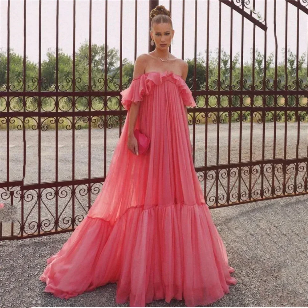 Customized Price AdjustmentElegant Off-Shoulder Crimped Tulle Prom Dress 2024 A Line Floor Length Watermelon Red Gown With Short