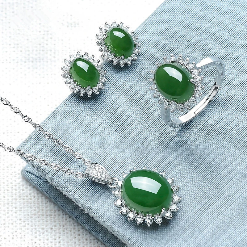 

pendant, ring, and earring , 925 silver inlaid with Hetian jade, three-piece set