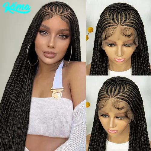 Imagen 2 del producto Peluca con trenzas en caja, pelucas trenzadas Cornrow de 36 pulgadas, peluca trenzada de encaje sintético completo para mujeres negras, peluca de cabello trenzado frontal de encaje mezclado