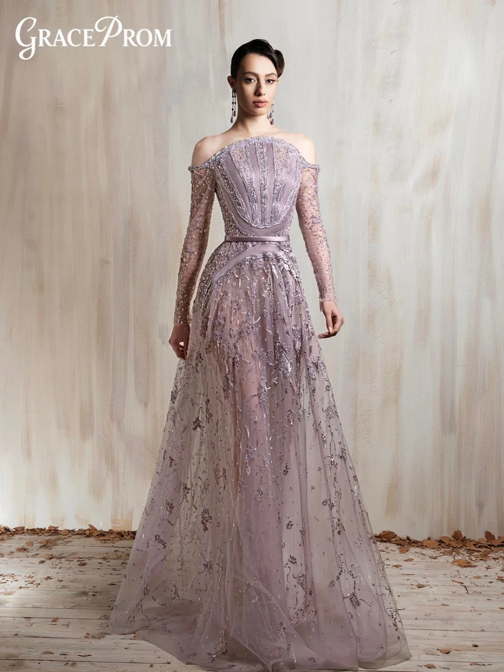 

Romantic Off The Shoulder Long Sleeve Evening Dress 2026 Exquisite Beading Party Dress A Line Formal Gown For Prom Customized