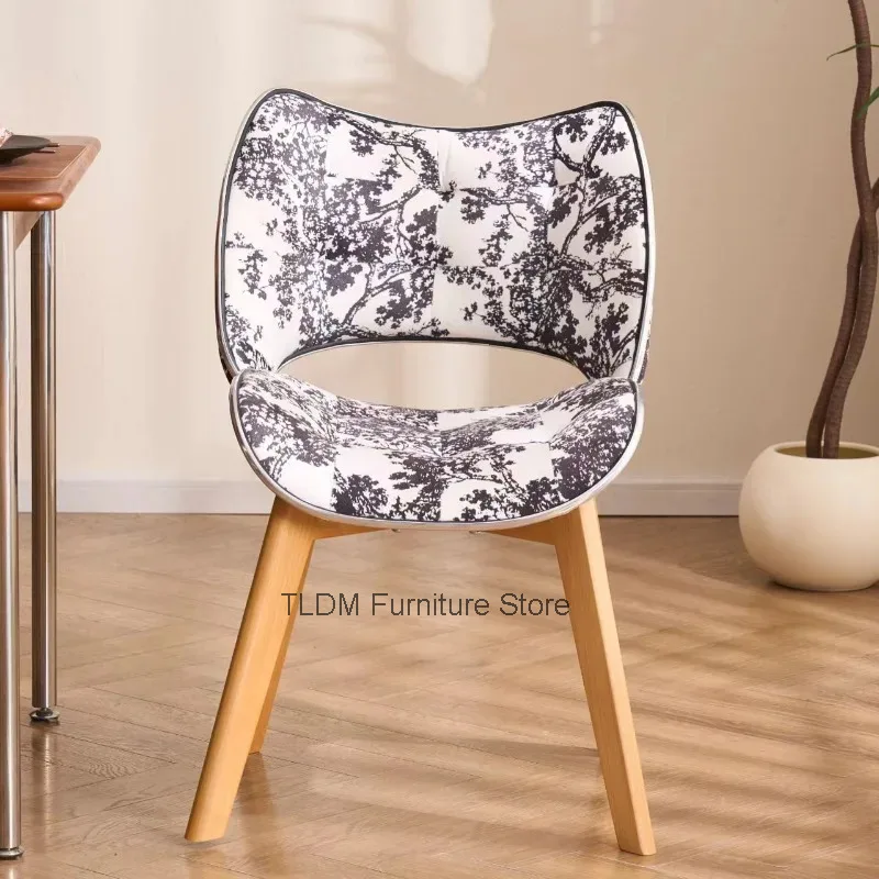Vintage Tree Print Fabric Dining Chair Hollow Curved Back Wood Leg Soft Tufted Cushion Kitchen Cafe Vanity Accent Side Chair