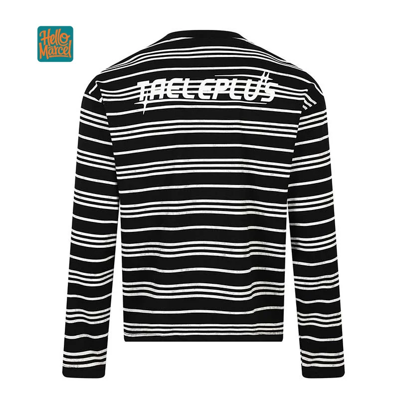HELLOMARCEL EU US Size Autumn Retro Distressed Black And White Striped Two-Tone Embroidered Long Sleeve T-Shirt