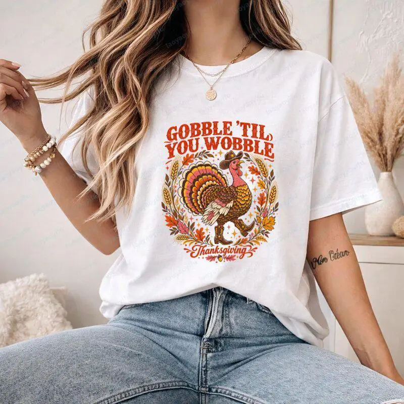 Gobble Til You Wobble Thanksgiving Turkey T-Shirt Fun Thanksgiving Day Cotton Short-sleeve Tee Retro Holida Vibes Streetwear Tee