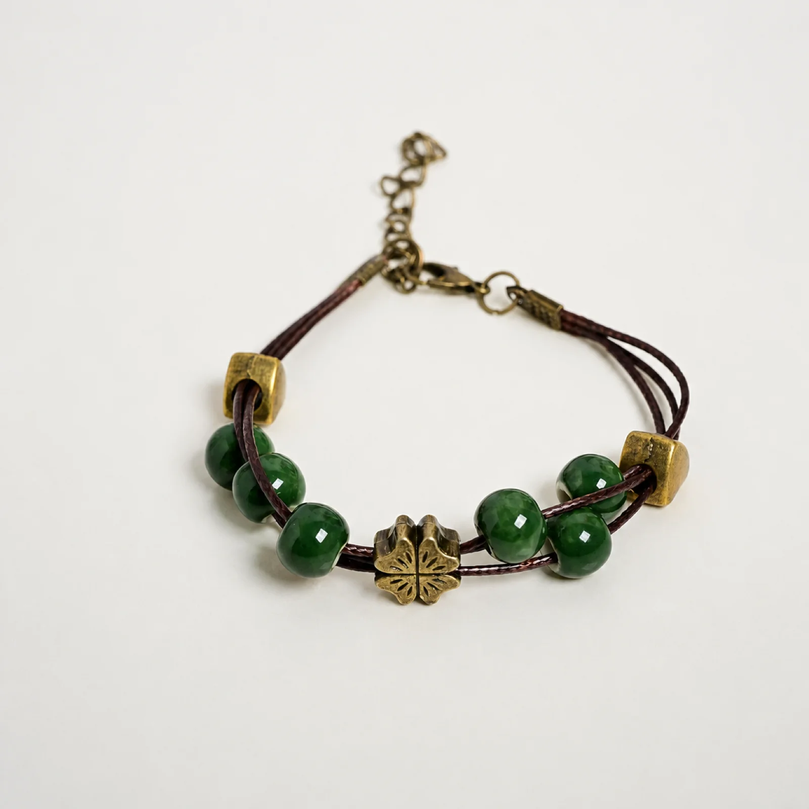 Dark Green Four Leaf Clover Handmade Ceramic Bead Wax Cord Bracelet Handwoven with Metal Accessories 608P13-04