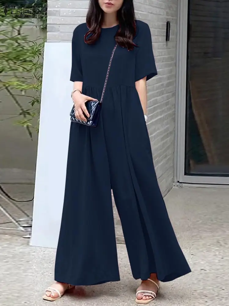 

ZANZEA Fashion Women Overalls Casual Loose Rompers High Waist Elegant Jumpsuits Pockets Solid Holiday Summer 2023 Wide Leg Pant