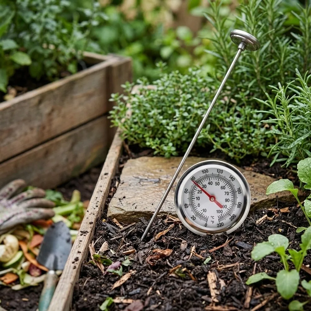 Stainless Steel Soil Thermometer Designed for Composting Processes and General Gardening with Dual-Scale Temperature Display