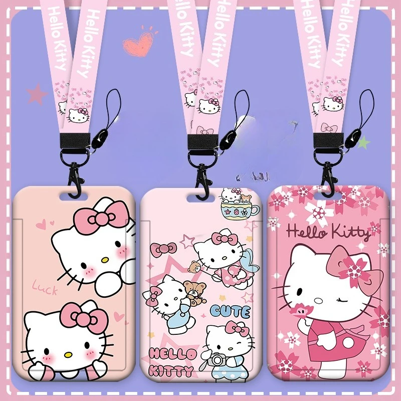 

New Cartoon Sanrio Hello Kitty Lanyard Card Sleeve ID Card Holder Bus Subway Access Work Permit Card Neck Strap Hang Rope Lariat