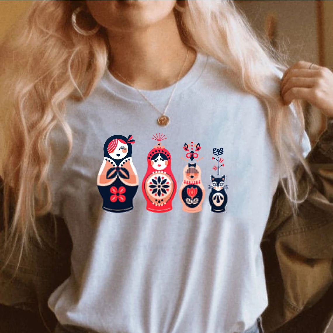 Russian Nesting Dolls Shirt Matryoshka Tee Unisex T-Shir femme tshirt Funny Russian Dolls grey Shirts Women Harajuku Tops