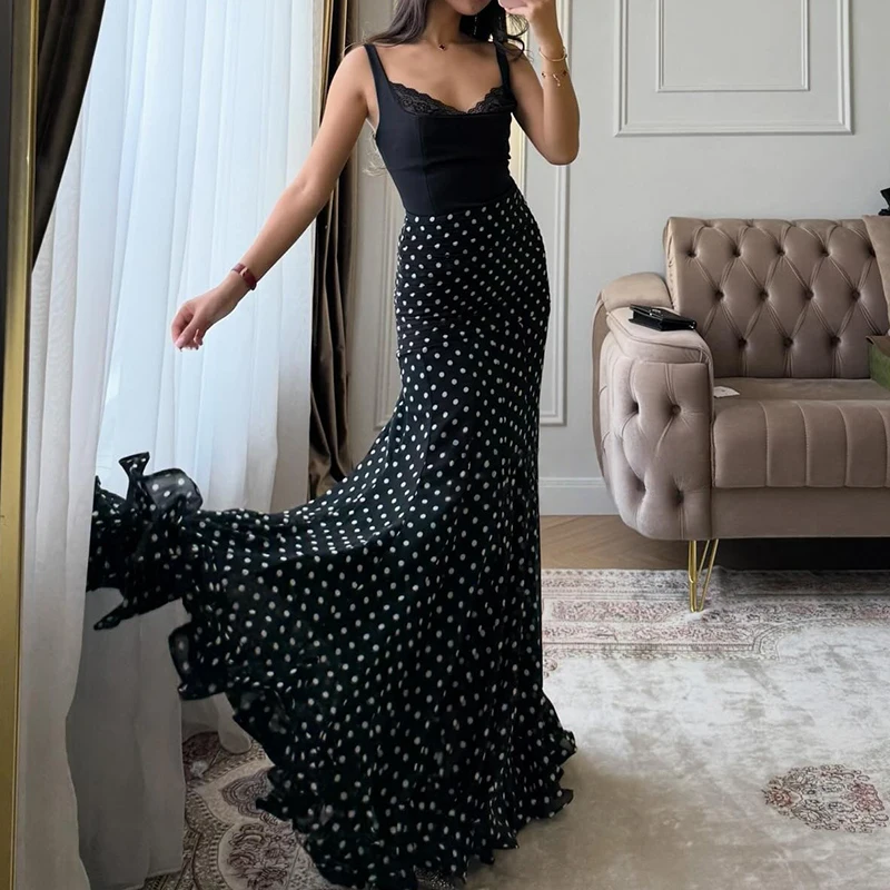 Female Autumn Swing Party Skirts New Casual High Waisted Pleated Slim Fit Long Skirt Chic Polka Dot Print Commuting Half Skirt