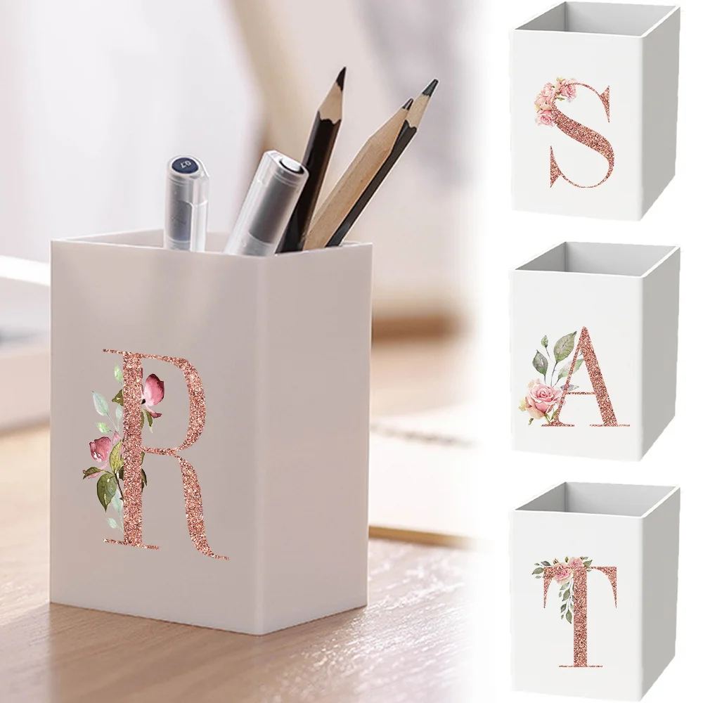 

Portable Acrylic Pen Holder Transparent Pen Storage Container Rack Large Capacity Pencil Pot Square Rose Gold Letter Pattern