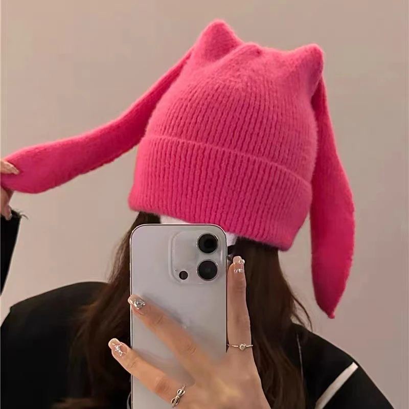 Gorros de conejito para mujer, gorro cálido de oreja larga, gorro de punto de ganchillo, gorros de Orejas de conejo para mujer, gorros cálidos de