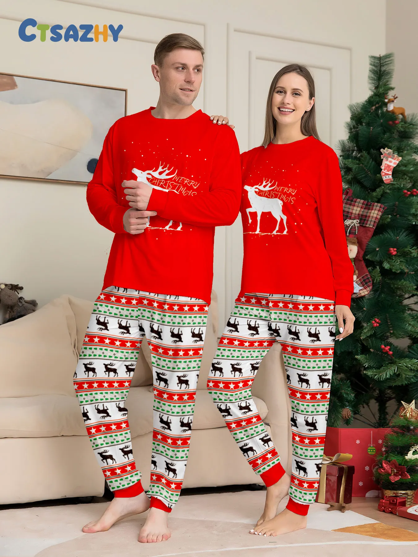 

Red Christmas Couple Pajamas Set: Reindeer 'Merry Christmas' Top + Festive Patterned Bottoms