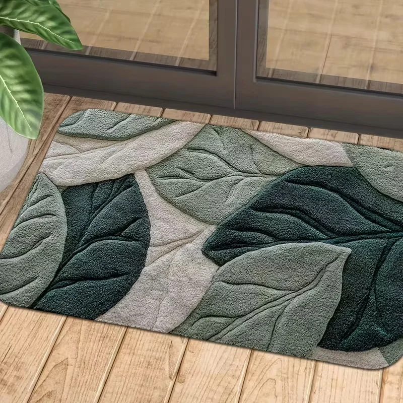 2D Flat Green Leaf Pattern Anti Slip Mat Home Carpet Holiday Party Decoration Multiple Scenes Fluffy Winter Decoration Carpet